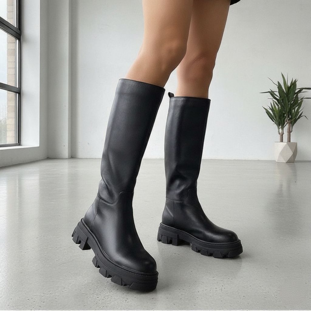 Long Tube Women's Boots High Tube Zipper Flat Bottomed Boots Knight Boots Simple Large Black Shoes - Relivaro