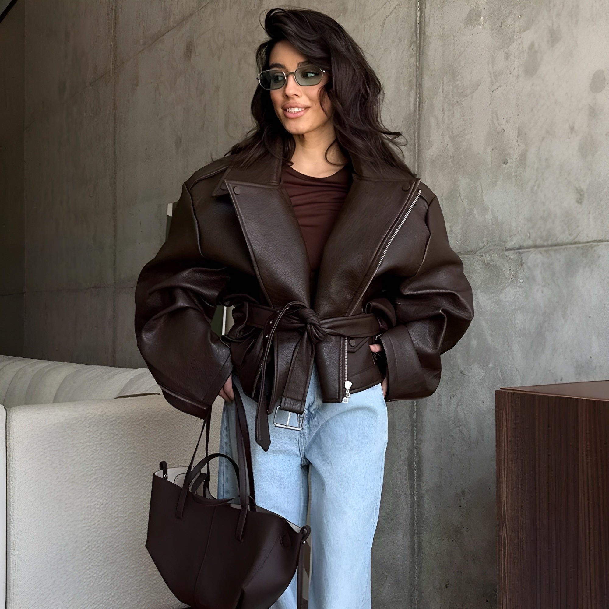 Manteau court en cuir à lacets - Relivaro