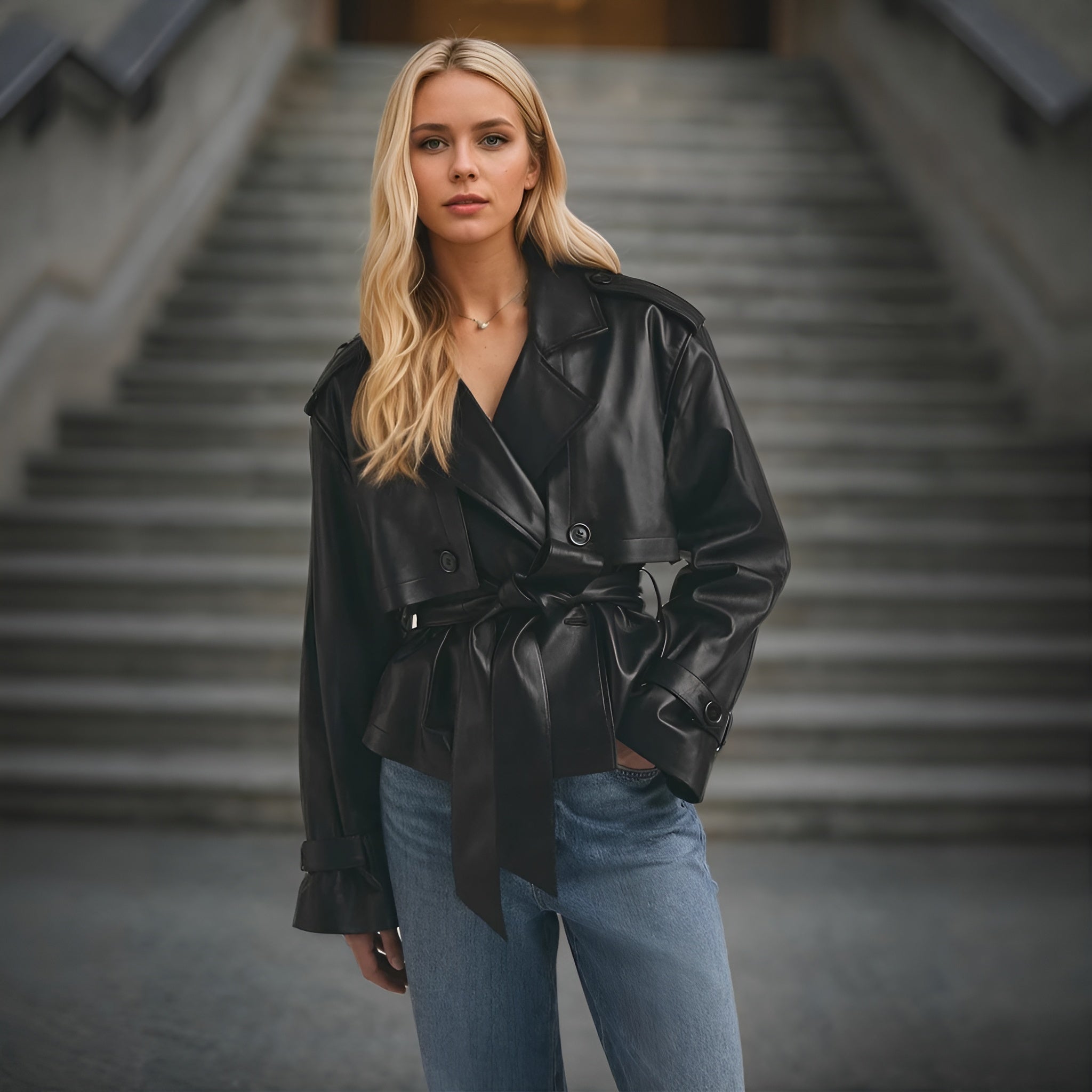 Veste en cuir courte avec nœud à la taille - Relivaro